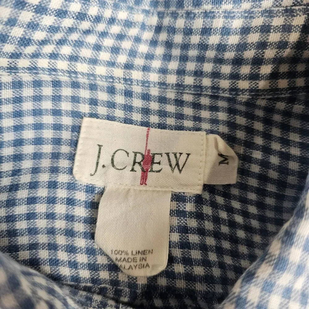 J Crew Shirt Mens Medium Blue Linen Gingham Check OVERSIZED Long Sleeve Oarsman
